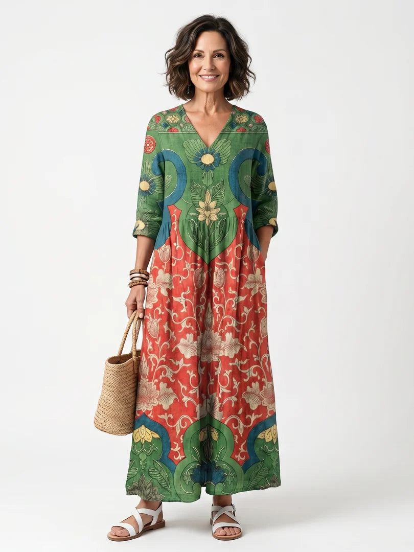 Sloane | Mixed Print V Neck Pocket Midi Dress